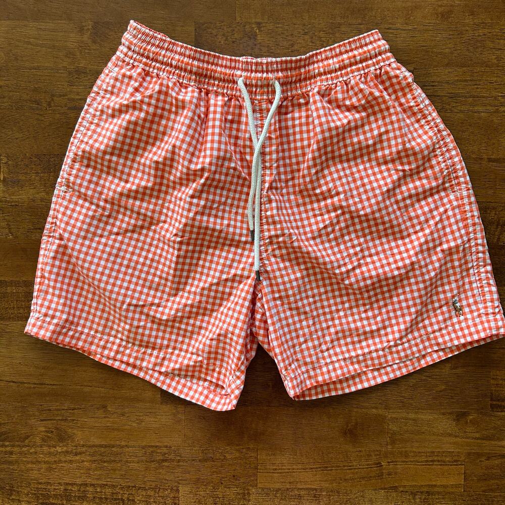 Polar Ralph Lauren men’s orange, checkered, preppy, swim trunks, size medium